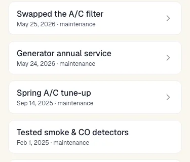 The forwarded receipt as a TrussPad timeline entry — “Swapped the A/C filter,” May 25, 2026 — above two more remembered maintenance moments.