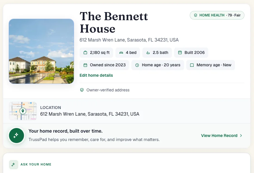 The real TrussPad dashboard for The Bennett House — cover photo, Home Health score, category breakdown, and the home’s timeline.